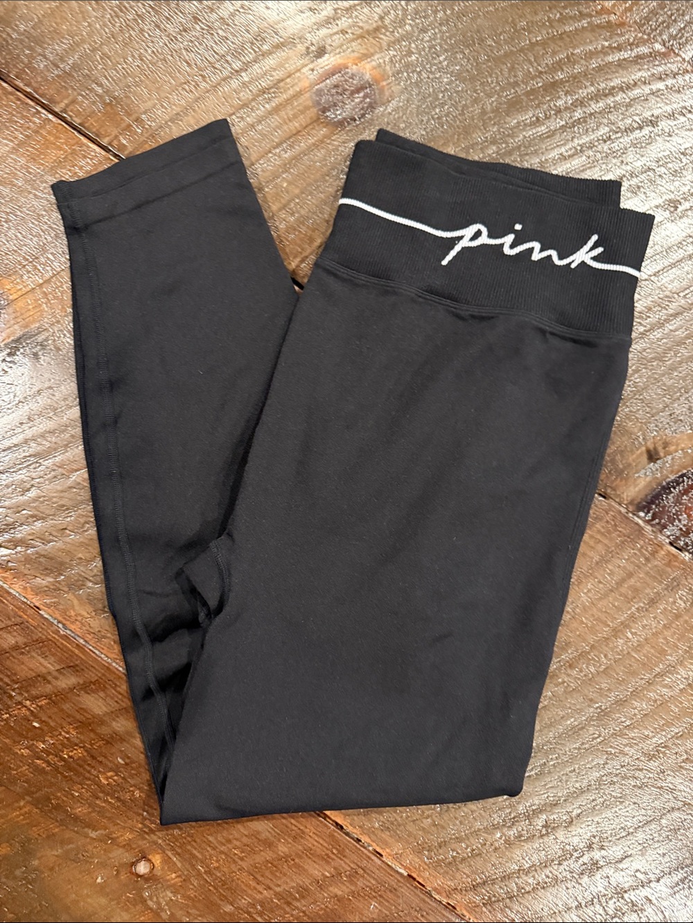 PINK Victoria's Secret Black Leggings with White Script Waistband